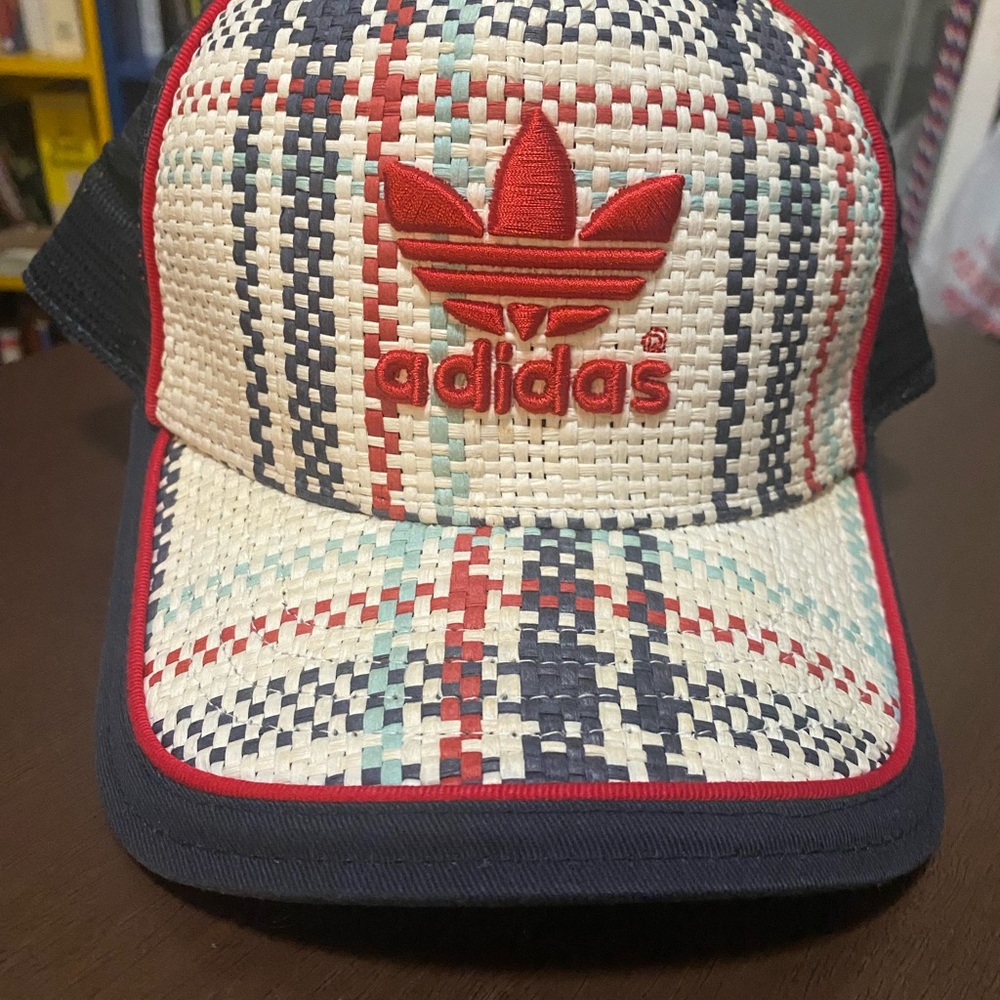 Adidas Red and Blue Checkered Hat with Trefoil Logo